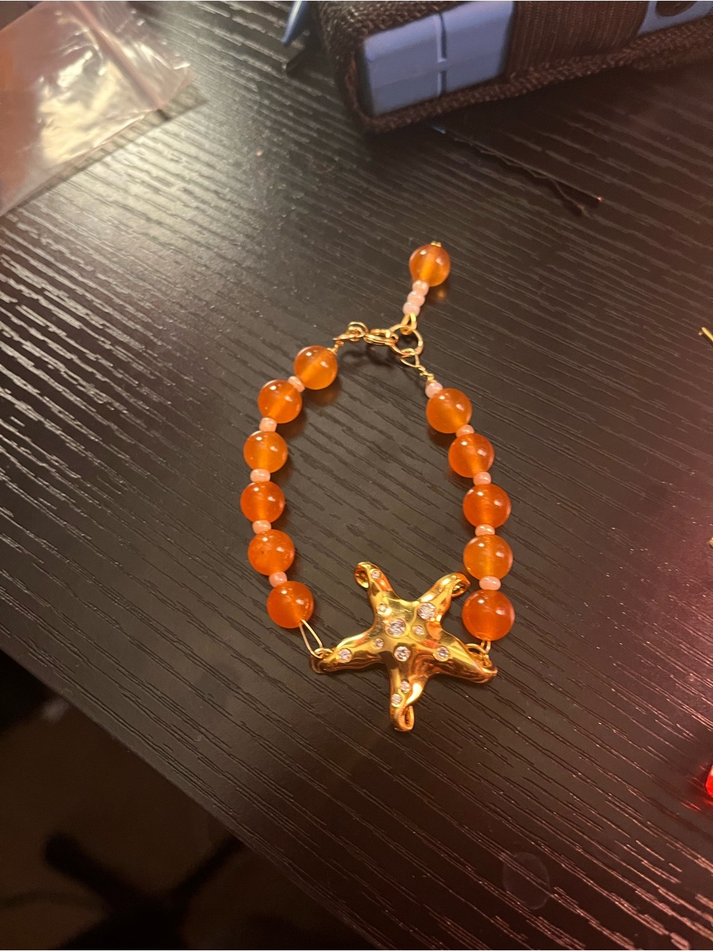 Handmade Gold Starfish Orange Bead Bracelet - Women Jewelry